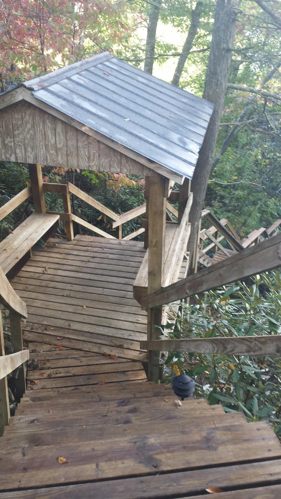 Metal roofed shelter over wooden steps on a wooded walkway — Skylight Repair & Installation work by our crew in Portola Valley